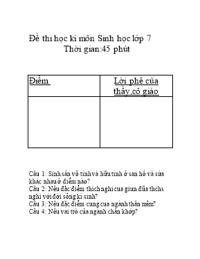 Đề thi học kì môn Sinh học lớp 7